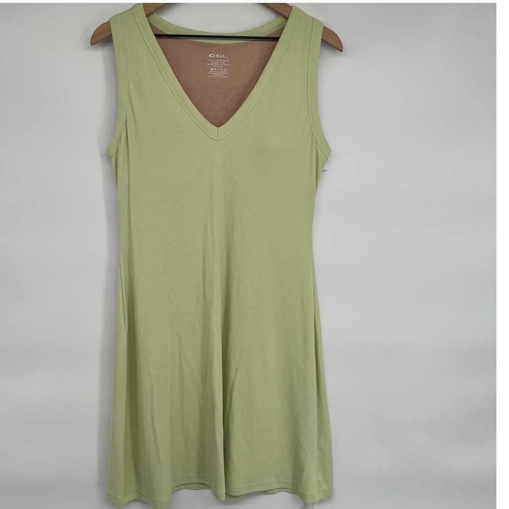 OGL Built-in Bra Dress Womens XL Green V-Neck Ribbed Eco-Friendly Athletic